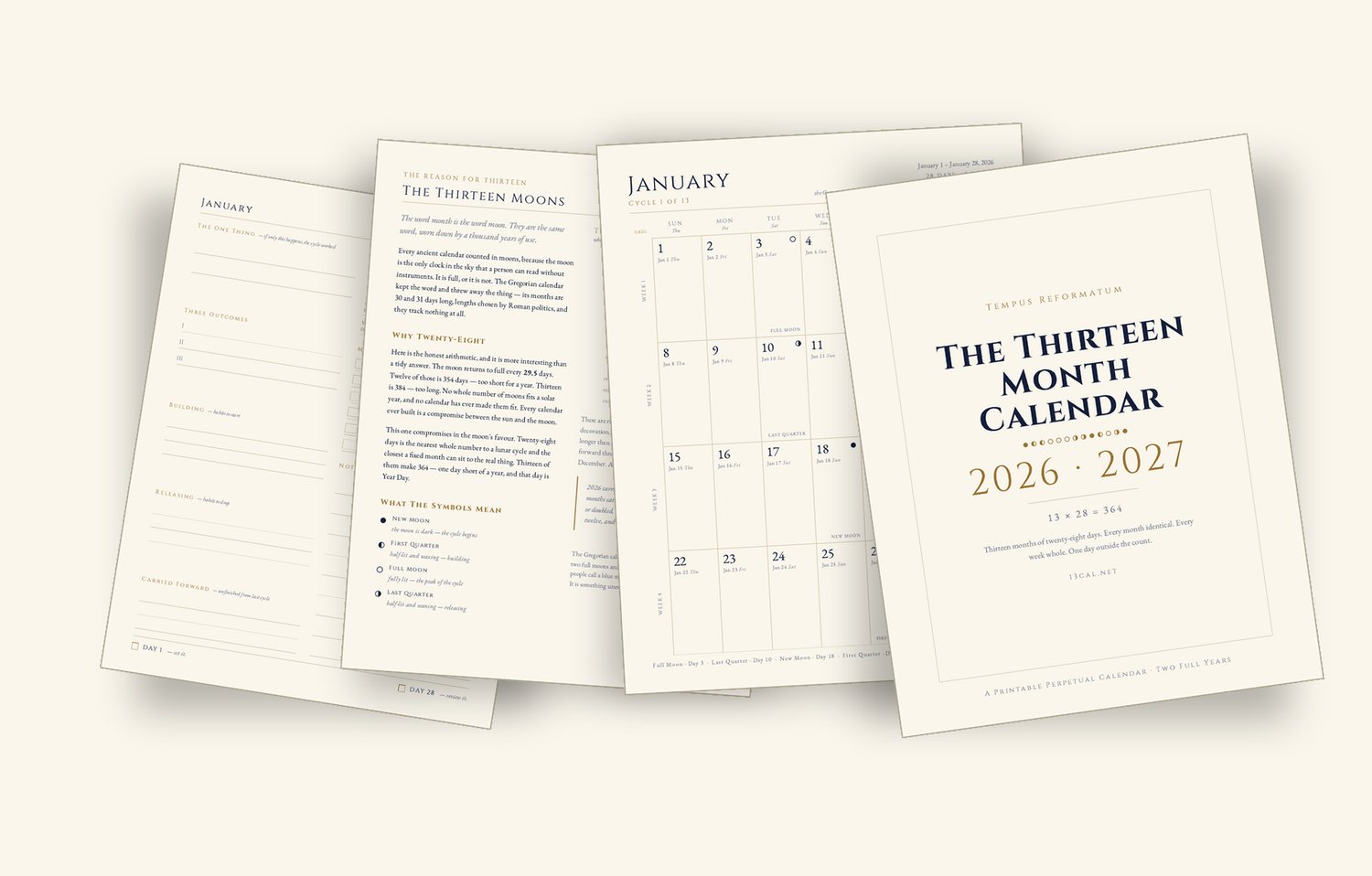 Fan of printable Thirteen Month Calendar pages in dark, parchment, and ink-saver editions