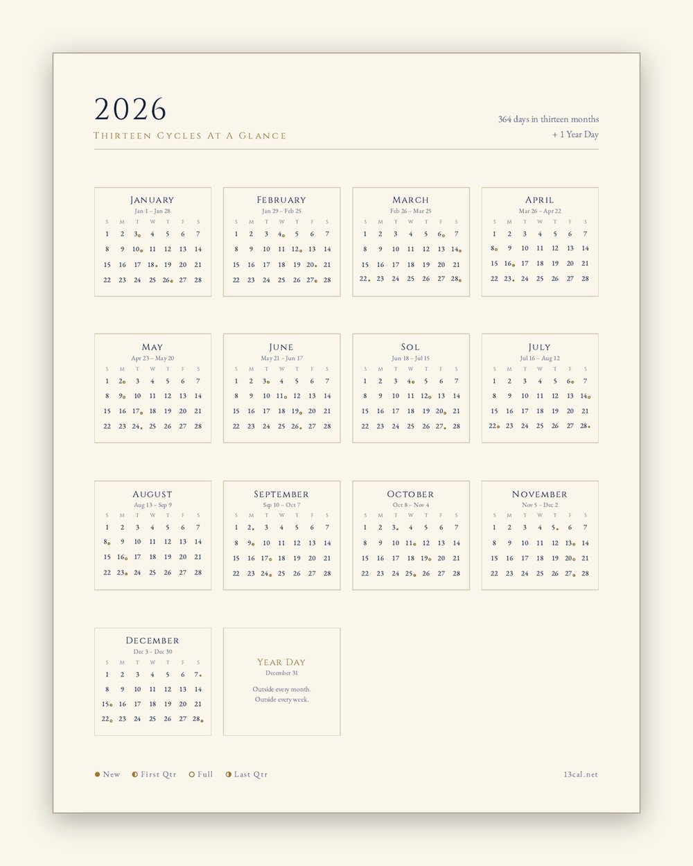 Thirteen-month year-at-a-glance calendar showing every month on one page