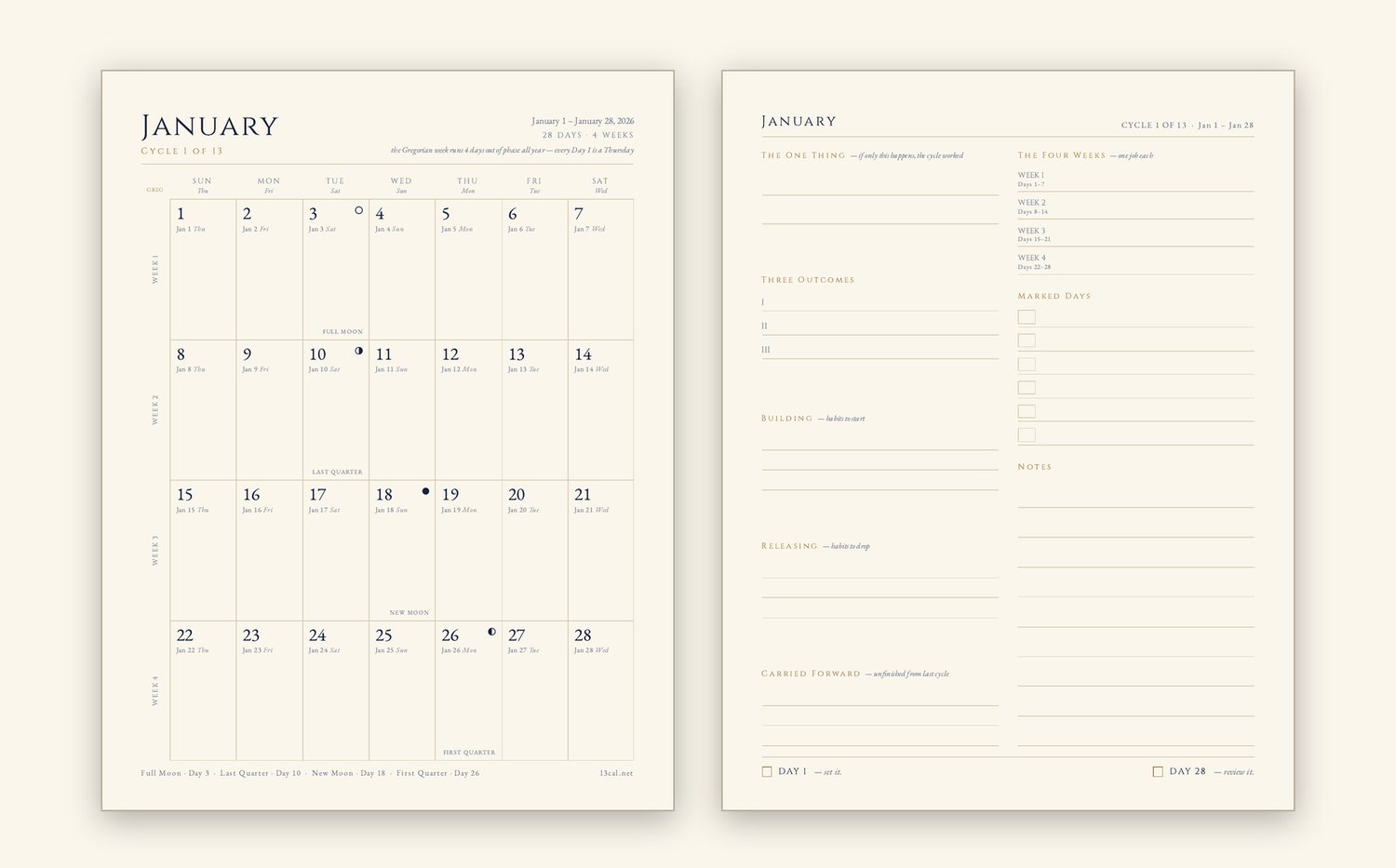 Dated month spread with calendar days, moon phases, and facing planning page