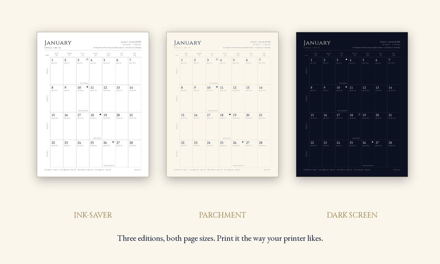 Three printable Thirteen Month Calendar editions shown in dark, parchment, and ink-saver styles