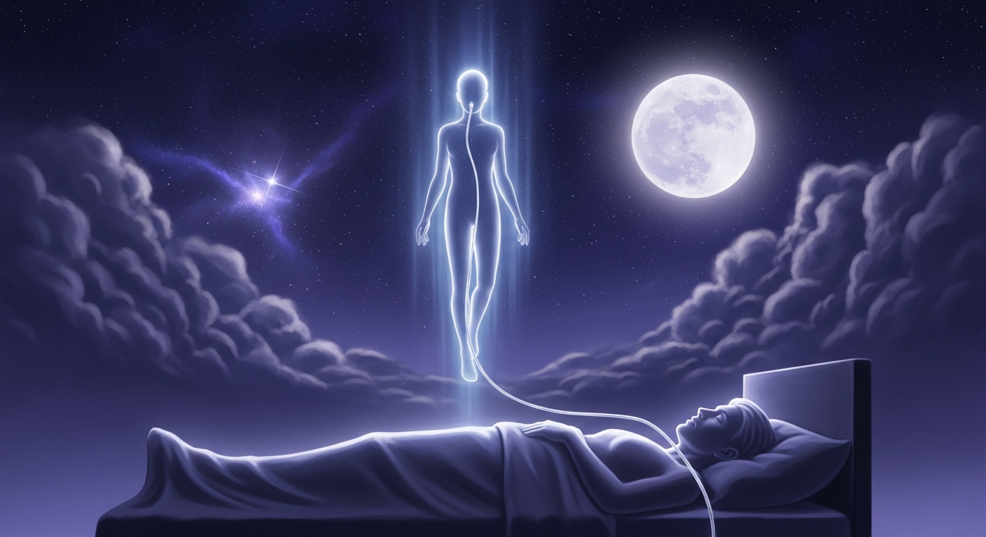 A glowing translucent astral body floating upward above a sleeping person under a starry night sky and full moon