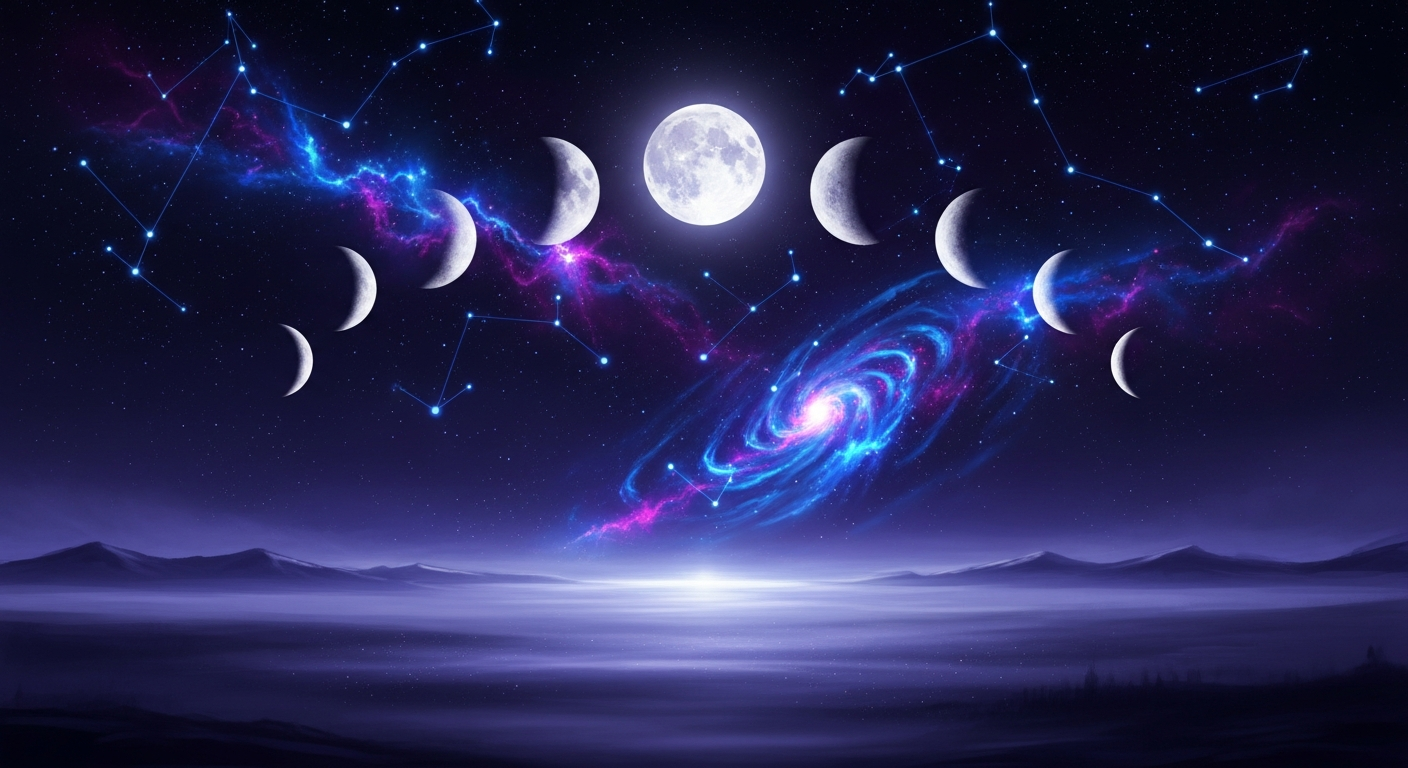 Moon phases arching across a starry night sky above a misty landscape, evoking the lunar timing of astral practice