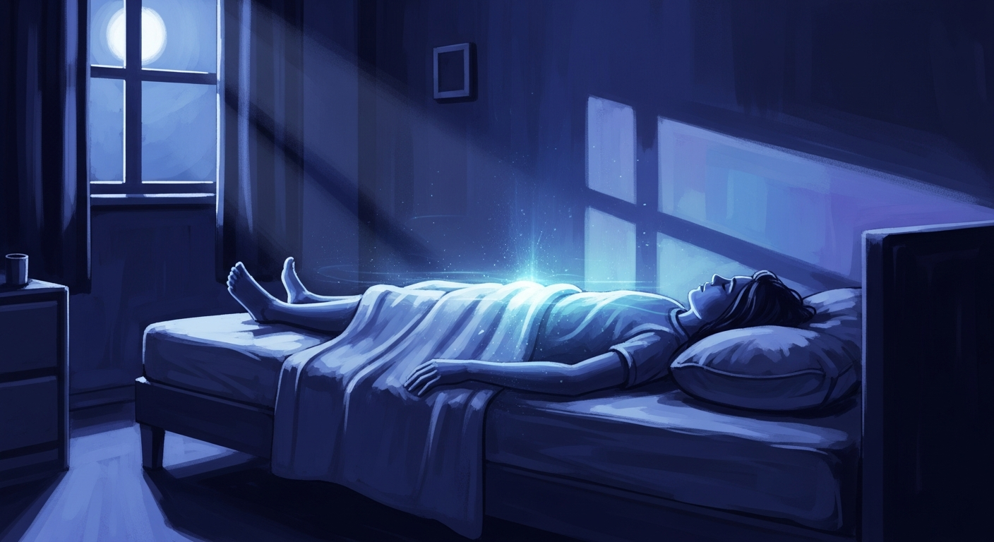 A person lying relaxed on their back in a dark quiet bedroom with soft moonlight, a faint energy aura around the body