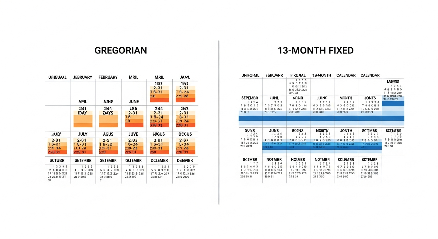 Comparison of the 13 month calendar and the Gregorian calendar month structure