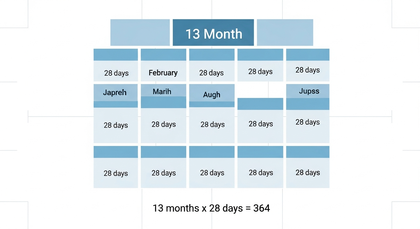 Diagram of a 13 month calendar with 13 equal 28-day months