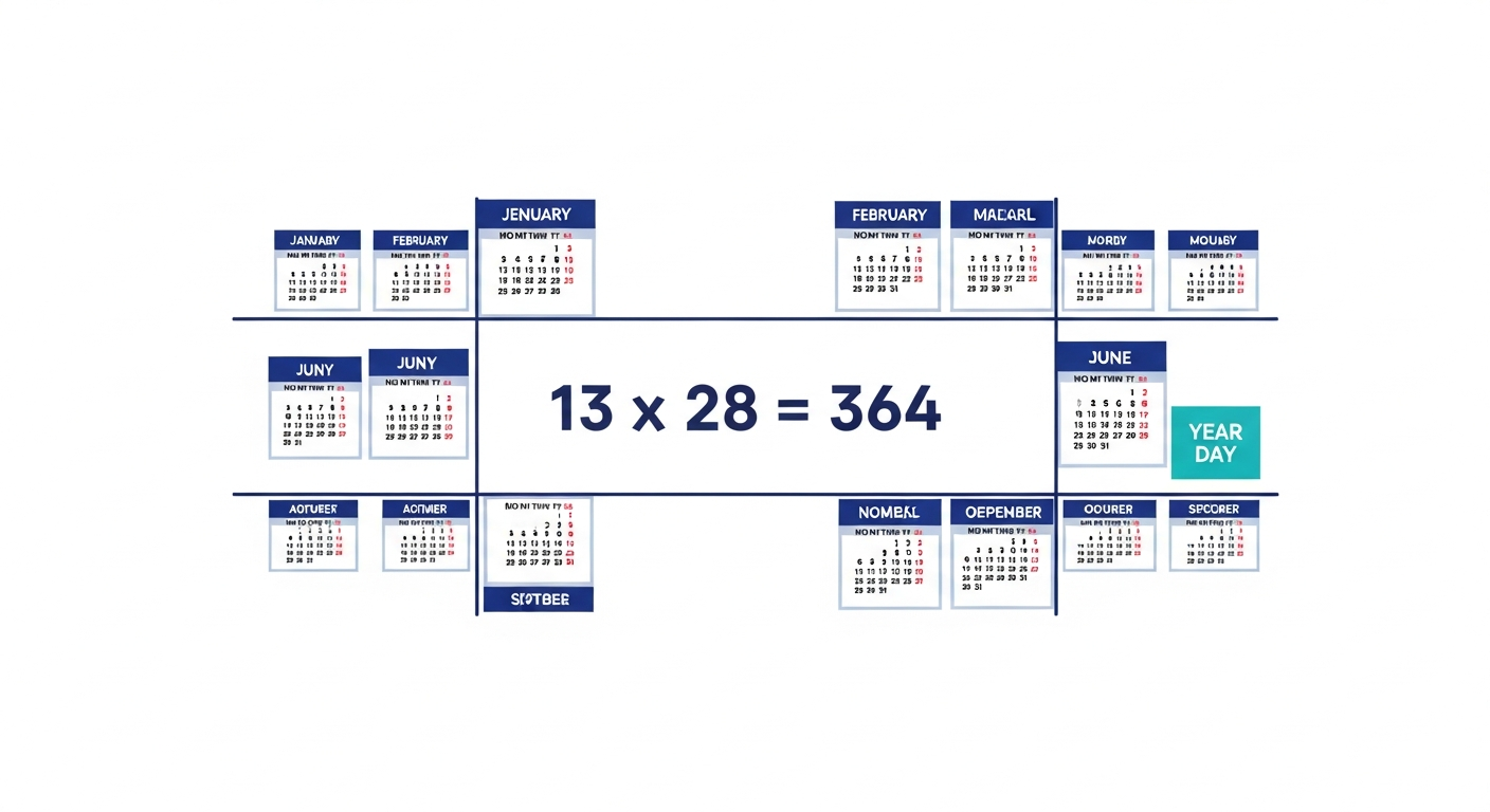Visual explanation of 13 months of 28 days (13x28) and Year Day